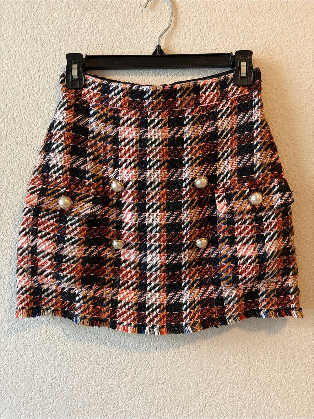 ASOS Black, Rust & Cream Plaid Tweed Mini Skirt with Pearl Buttons